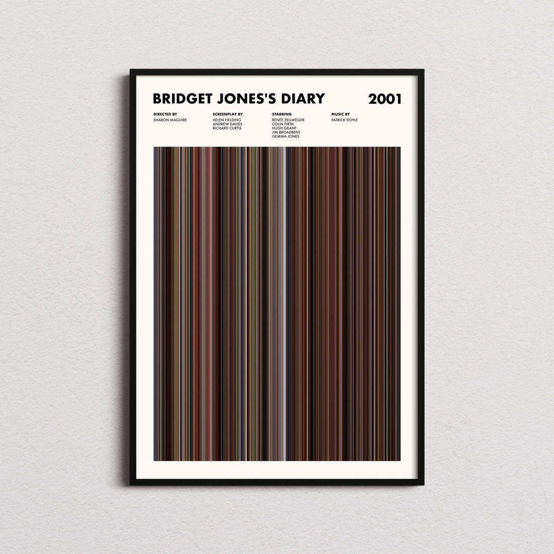 Bridget Jones's Diary Movie Barcode Poster framed on a plain studio wall