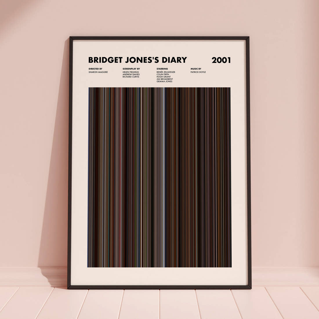 Bridget Jones's Diary Movie Barcode Poster framed and leaning against a coloured wall