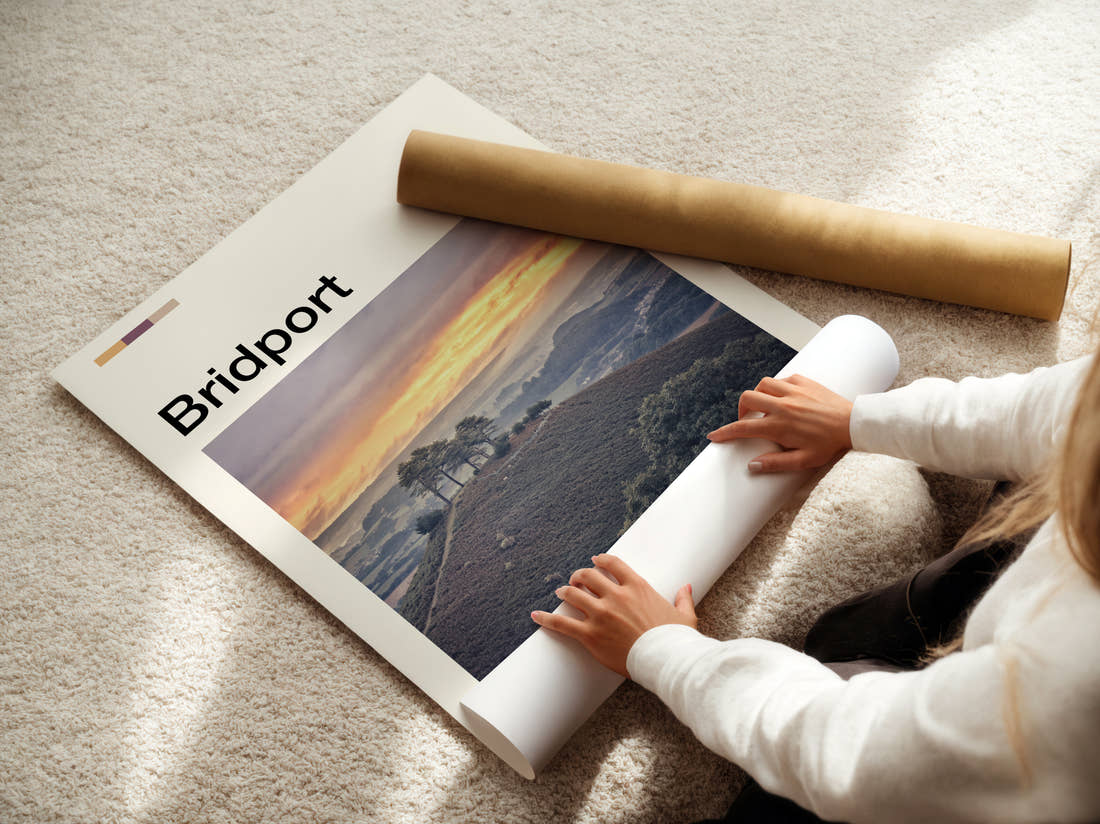 Bridport Colmer's Hill Travel Print being unrolled from its postal tube