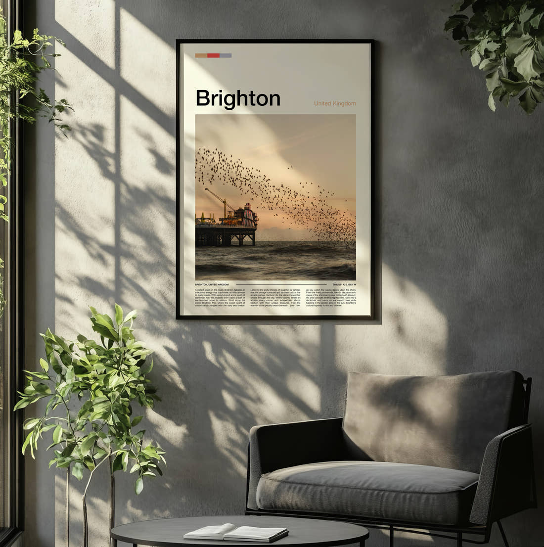 Brighton Starling Murmuration Travel Print framed on the wall of a relaxed living room