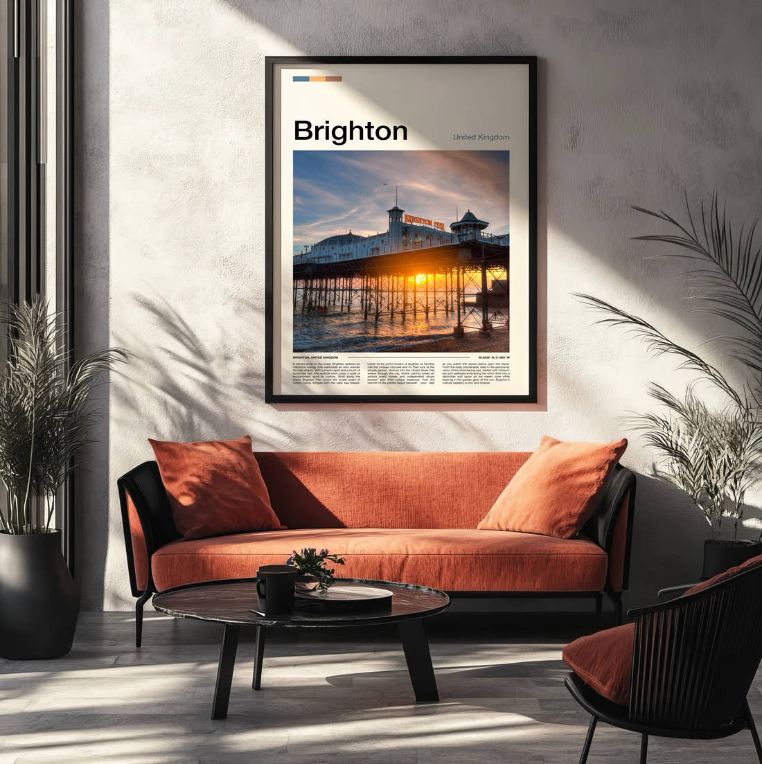 Brighton Palace Pier At Sunset Travel Print framed on the wall of a modern living room
