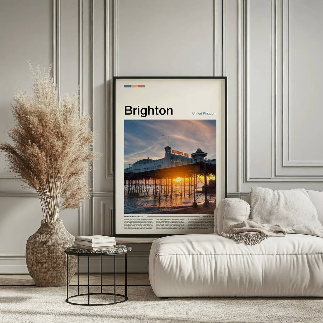 Brighton Palace Pier At Sunset Travel Print framed on the wall of a calm, neutral bedroom