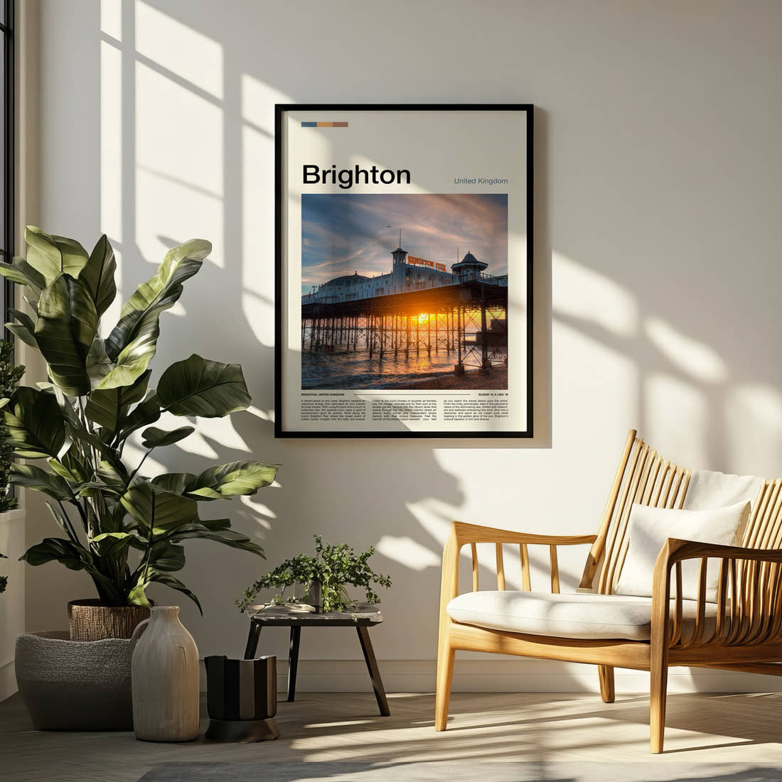 Brighton Palace Pier At Sunset Travel Print framed on a pale wall beside houseplants