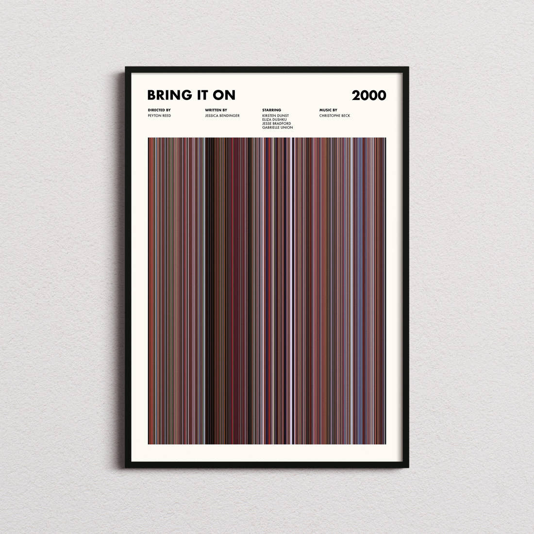 Bring It On Movie Barcode Poster framed on a plain studio wall