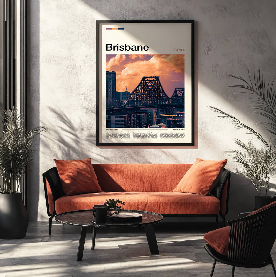 Brisbane Story Bridge Travel Print framed on the wall of a modern living room
