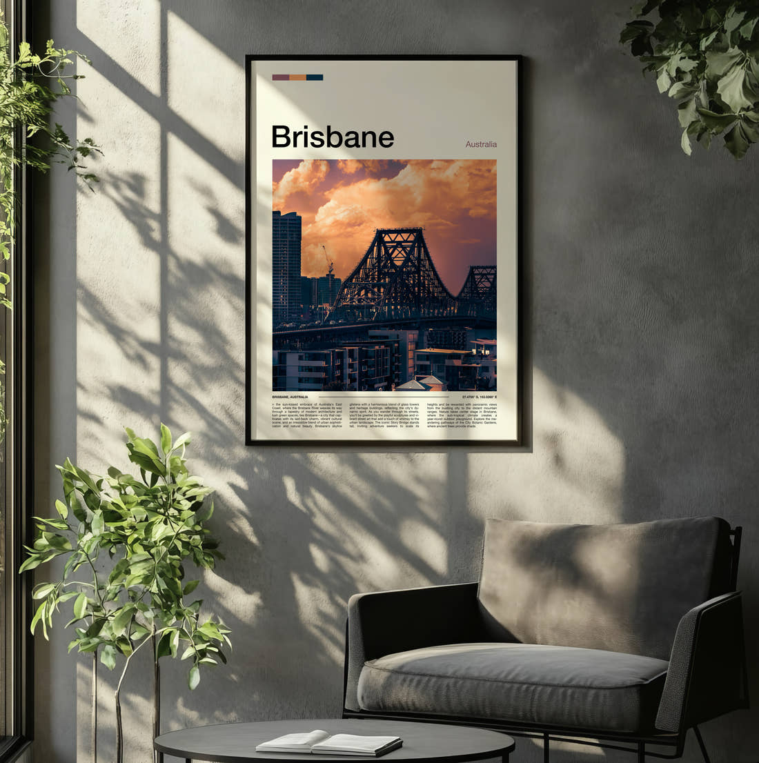 Brisbane Story Bridge Travel Print framed on the wall of a relaxed living room