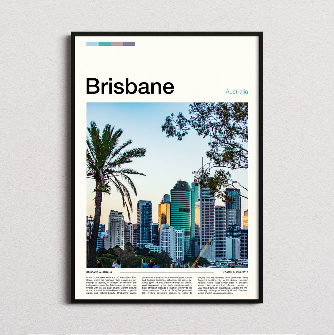 Brisbane Skyline Behind Palm Trees Travel Print framed and photographed straight on