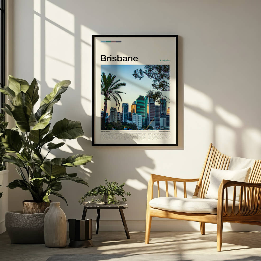 Brisbane Skyline Behind Palm Trees Travel Print framed on a pale wall beside houseplants