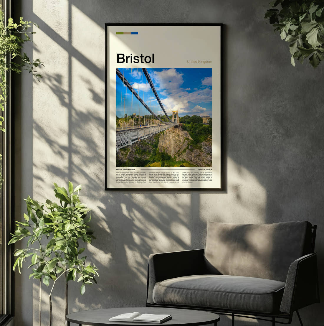 Bristol Clifton Suspension Bridge Travel Print framed on the wall of a relaxed living room