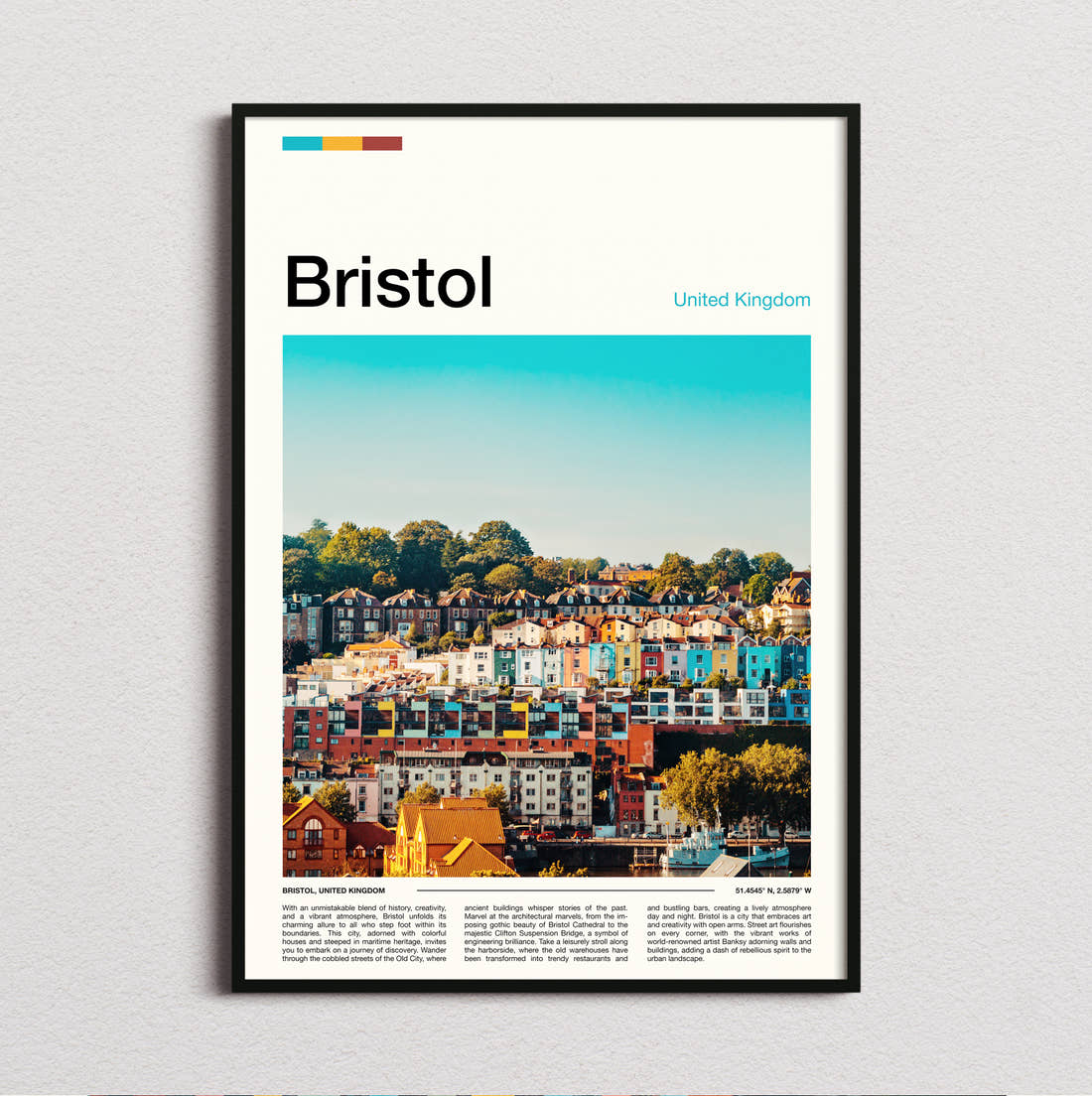 Bristol Colourful Terraced Houses Travel Print framed and photographed straight on