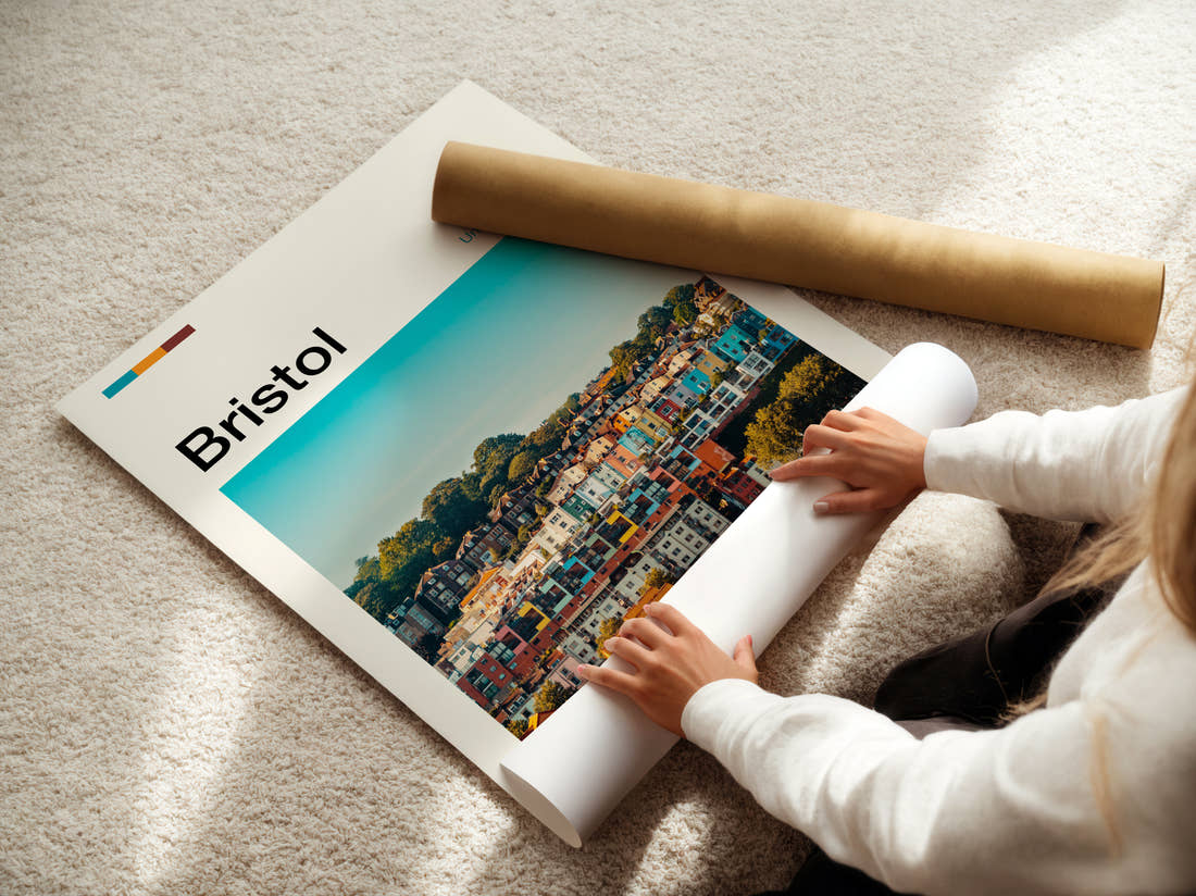 Bristol Colourful Terraced Houses Travel Print being unrolled from its postal tube