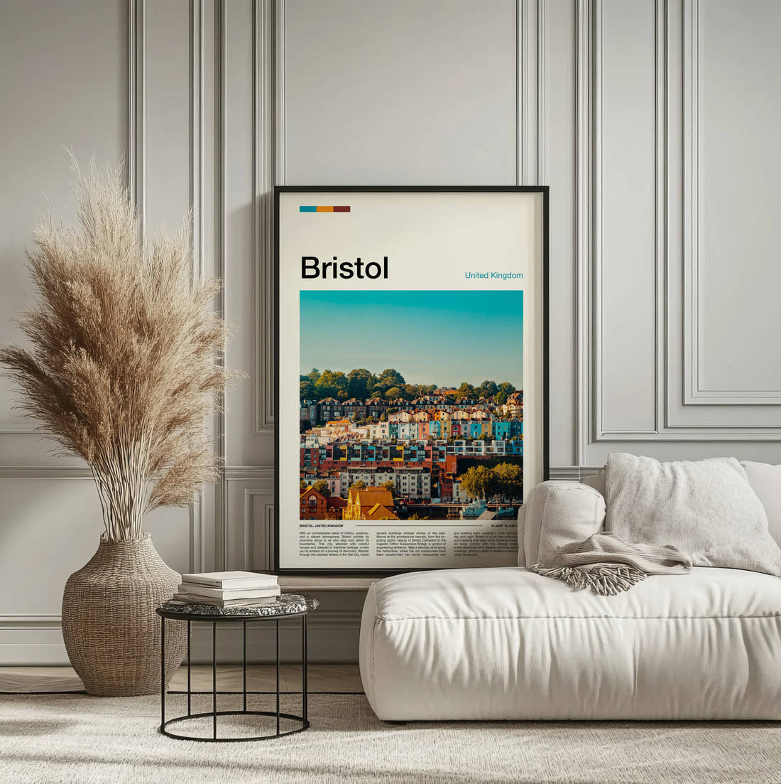Bristol Colourful Terraced Houses Travel Print framed on the wall of a calm, neutral bedroom