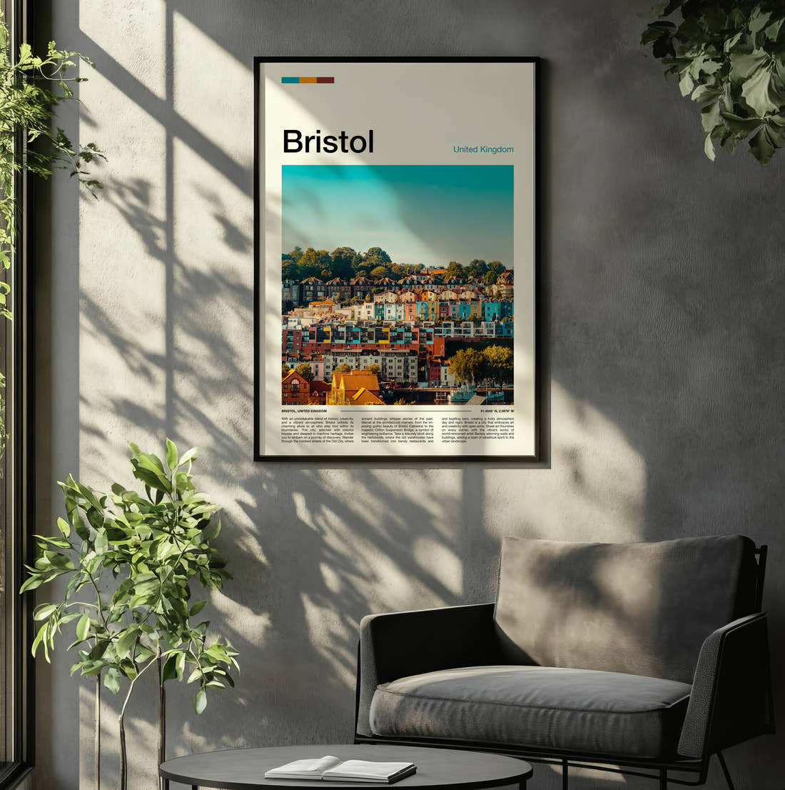 Bristol Colourful Terraced Houses Travel Print framed on the wall of a relaxed living room