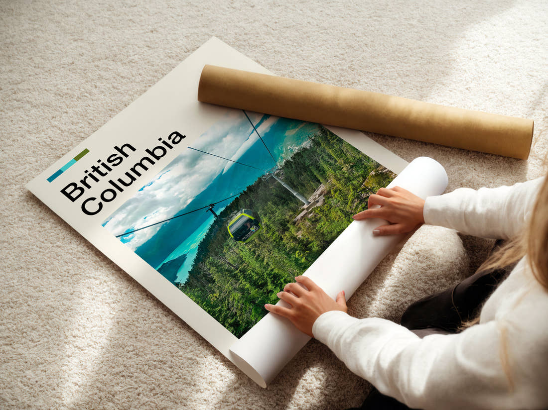 British Columbia Cable Car Over Forest Travel Print being unrolled from its postal tube