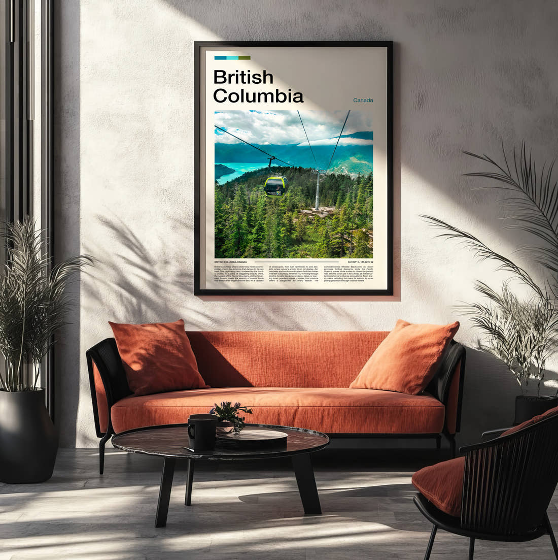 British Columbia Cable Car Over Forest Travel Print framed on the wall of a modern living room