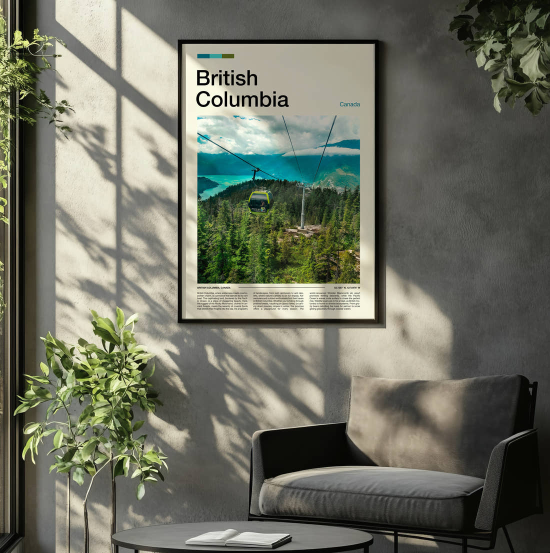 British Columbia Cable Car Over Forest Travel Print framed on the wall of a relaxed living room