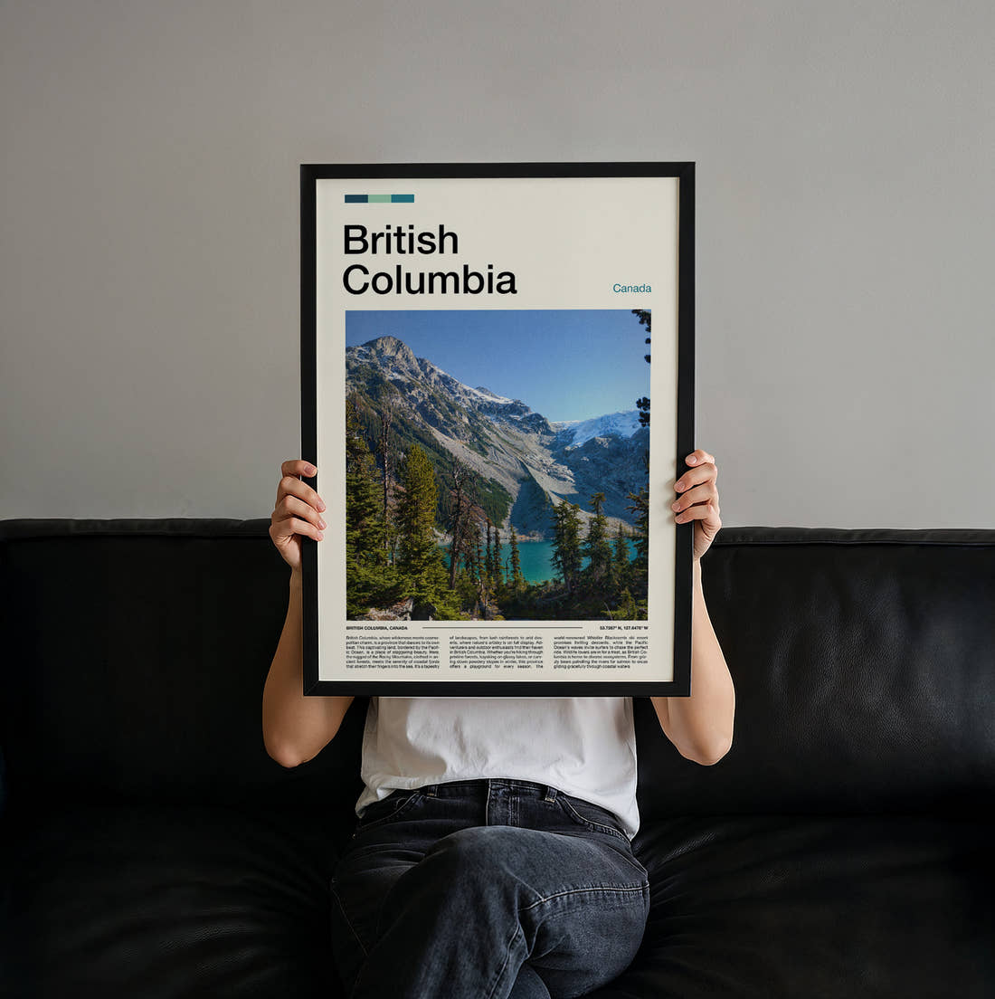 British Columbia Turquoise Lake And Mountains Travel Print held up by hand to show the size of the print