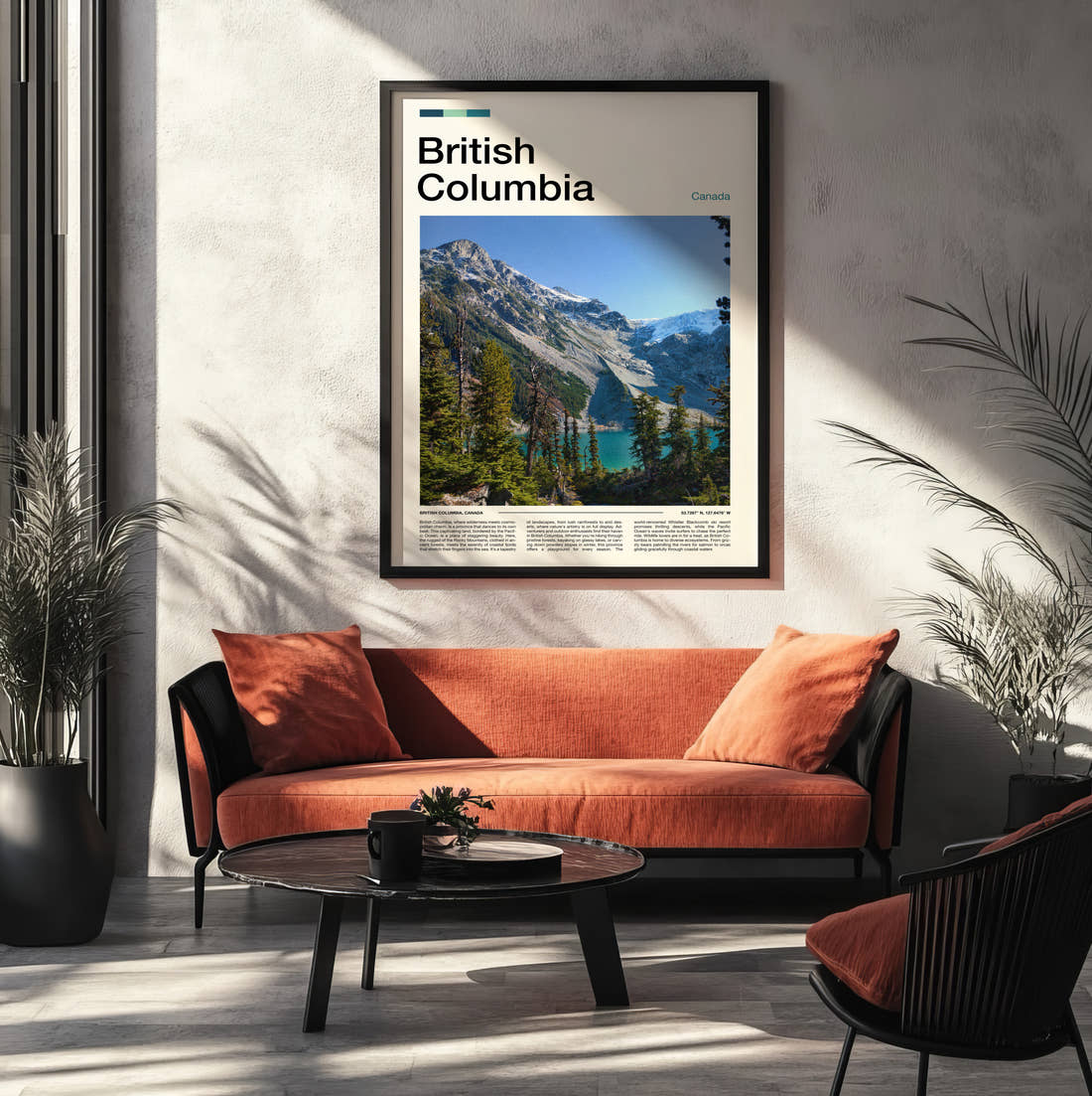 British Columbia Turquoise Lake And Mountains Travel Print framed on the wall of a modern living room