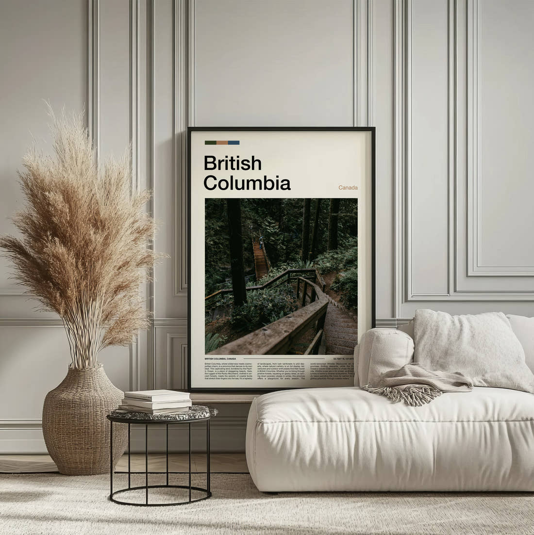 British Columbia Wooden Forest Steps Travel Print framed on the wall of a calm, neutral bedroom