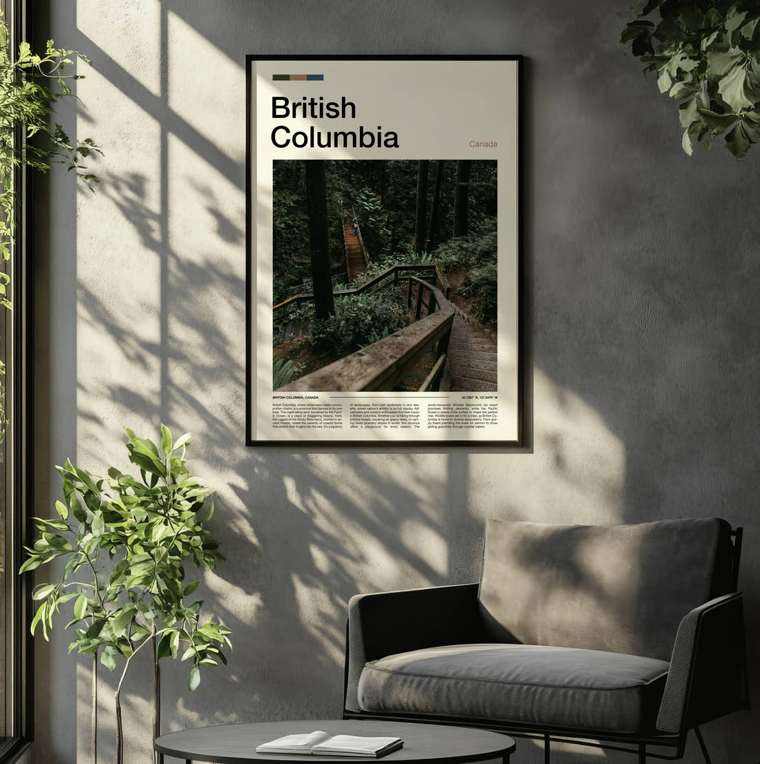 British Columbia Wooden Forest Steps Travel Print framed on the wall of a relaxed living room