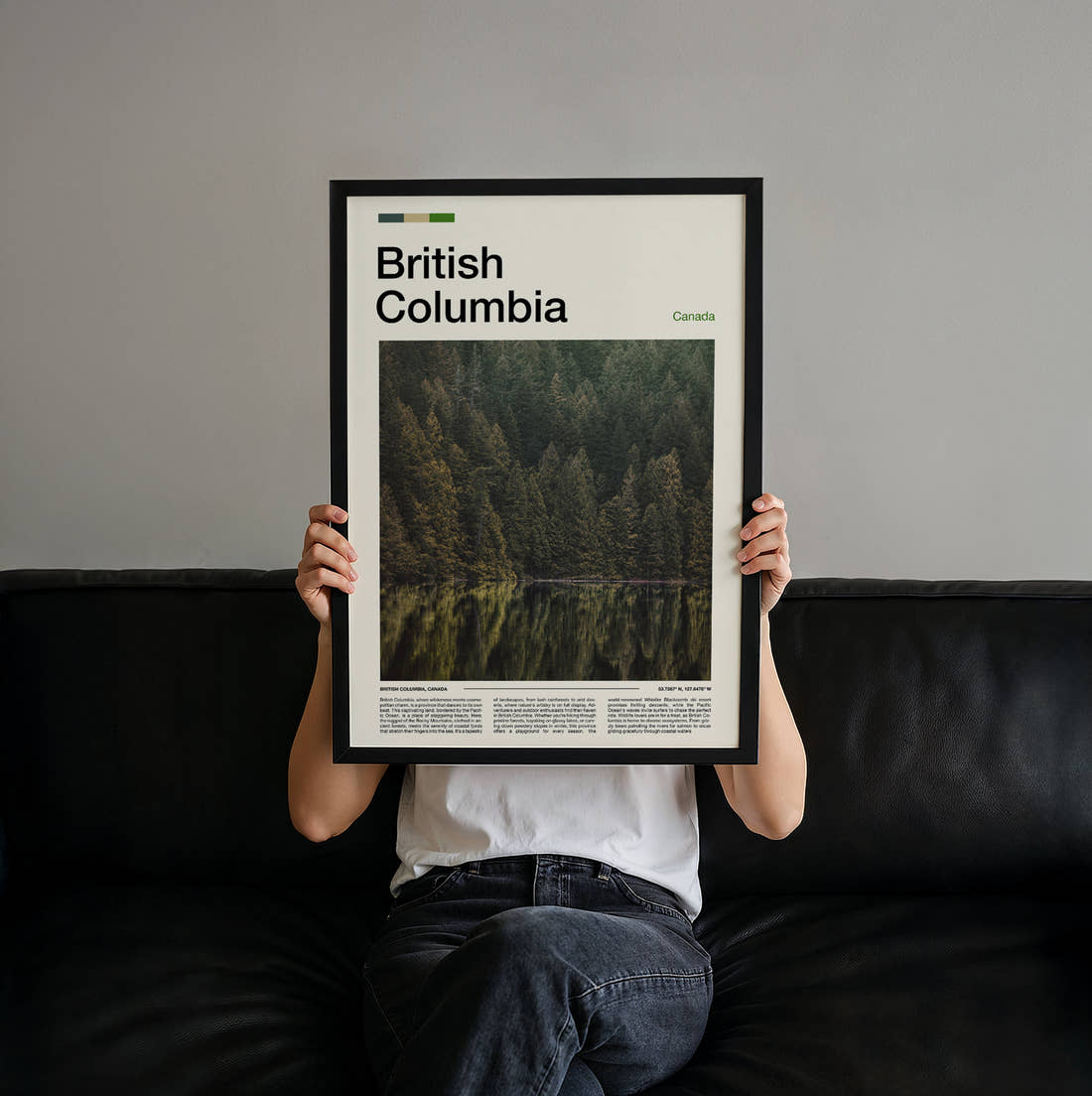British Columbia Forest Reflected In Lake Travel Print held up by hand to show the size of the print