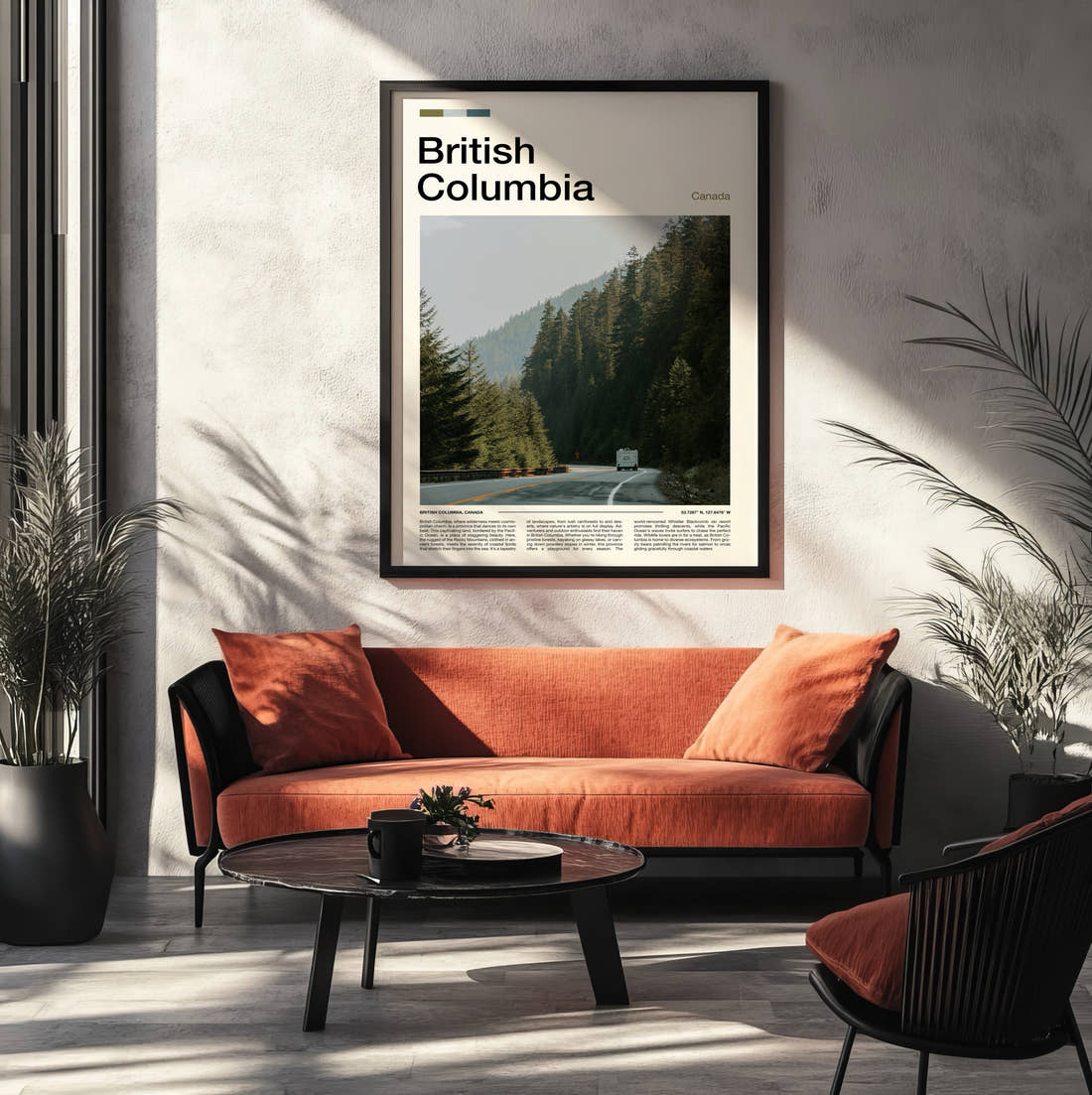 British Columbia Road Through The Forest Travel Print framed on the wall of a modern living room