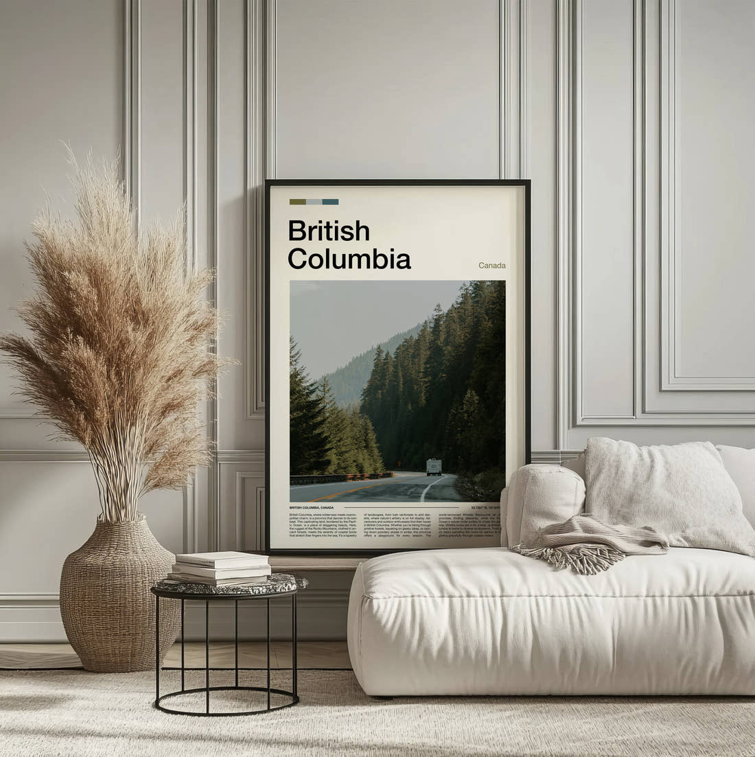 British Columbia Road Through The Forest Travel Print framed on the wall of a calm, neutral bedroom