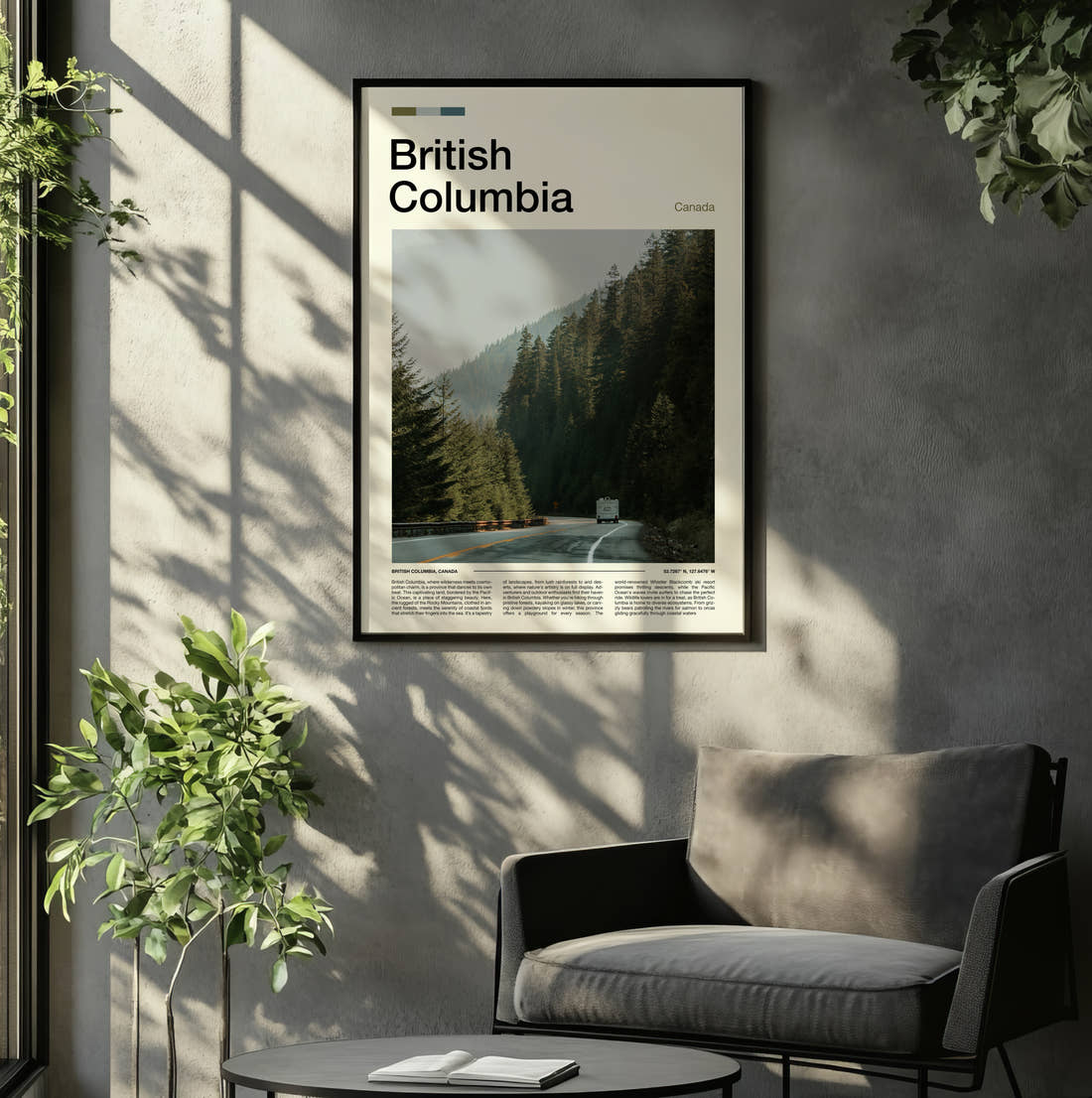 British Columbia Road Through The Forest Travel Print framed on the wall of a relaxed living room