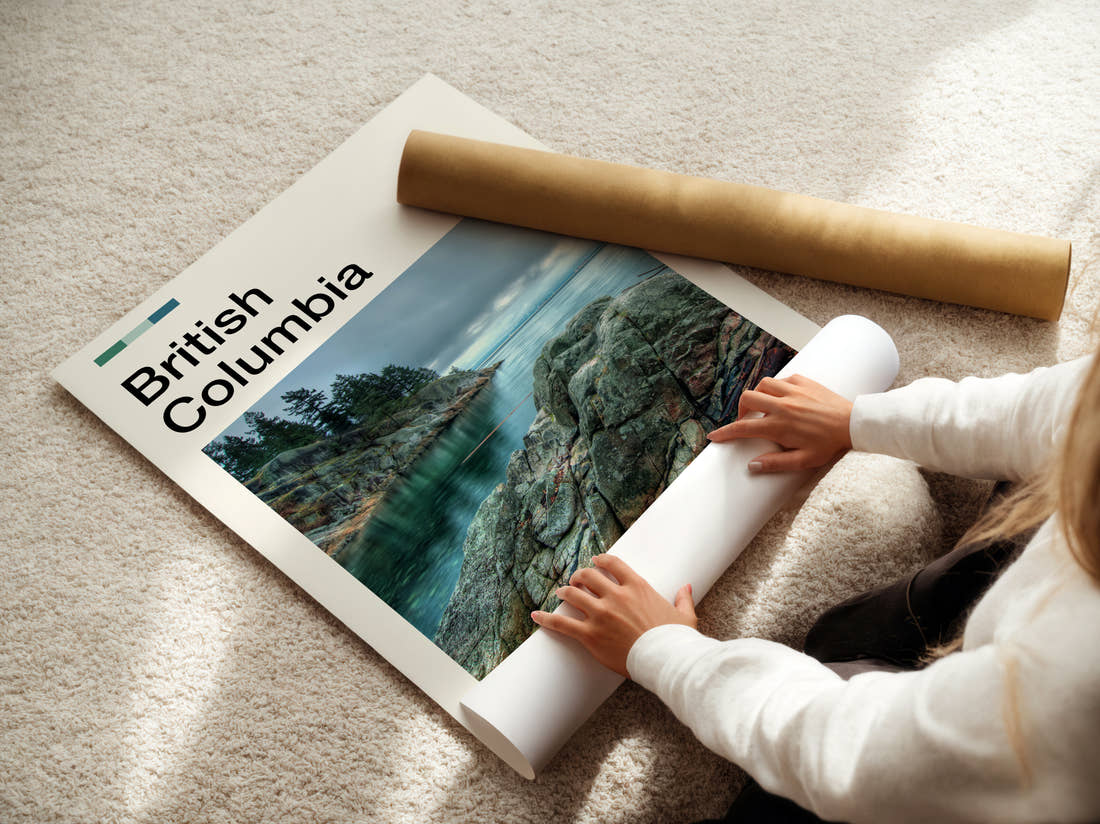 British Columbia Rocks By The Ocean Travel Print being unrolled from its postal tube