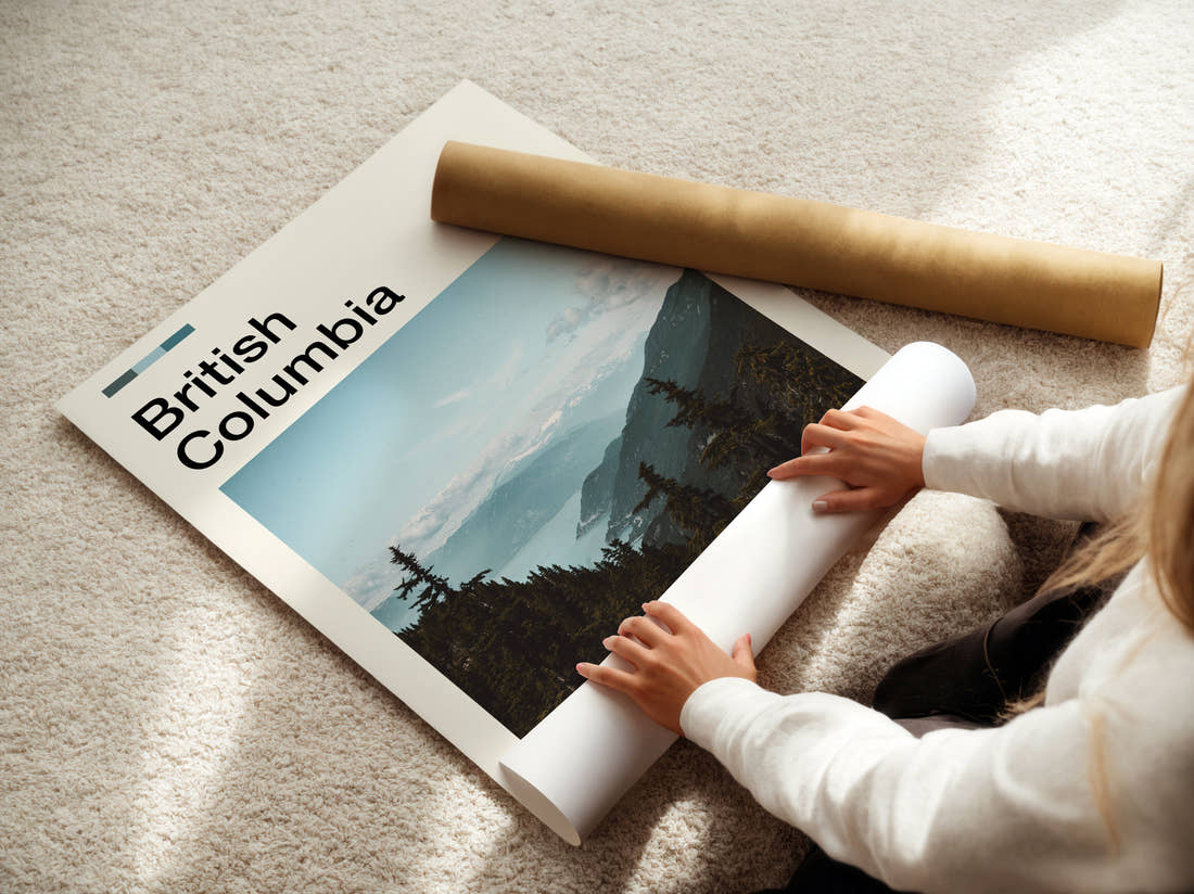 British Columbia Trees Above The Valley Travel Print being unrolled from its postal tube