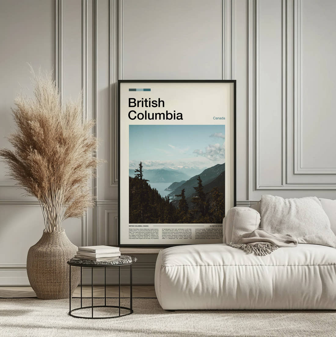 British Columbia Trees Above The Valley Travel Print framed on the wall of a calm, neutral bedroom