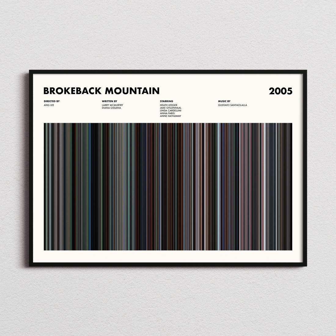 Brokeback Mountain Movie Barcode Poster framed and photographed straight on