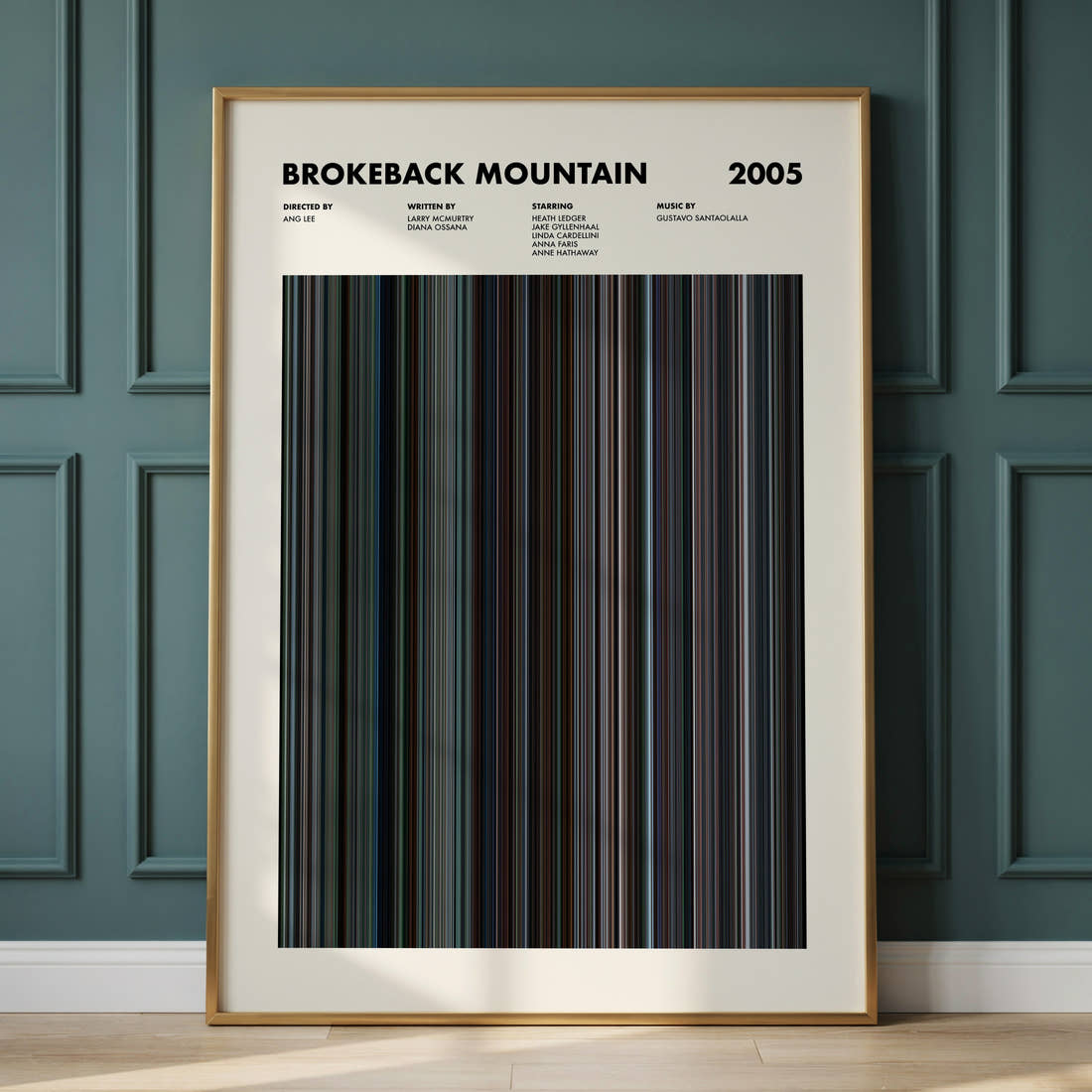 Brokeback Mountain Movie Barcode Poster framed and leaning against a panelled wall