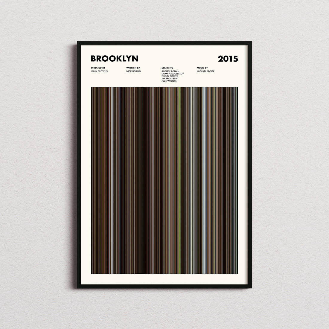 Brooklyn Movie Barcode Poster framed on a plain studio wall
