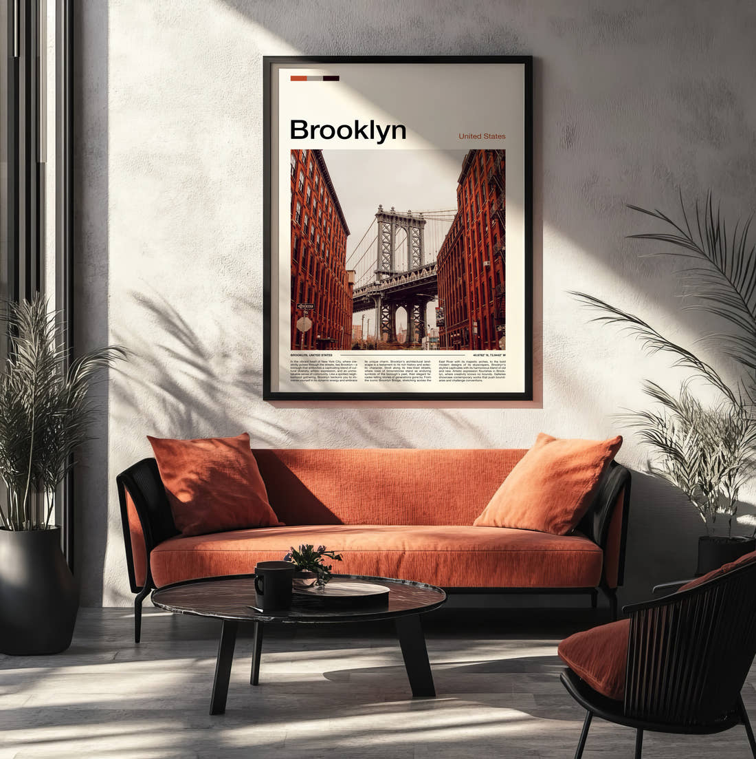 Brooklyn Manhattan Bridge Between Red Brick Walls Travel Print framed on the wall of a modern living room