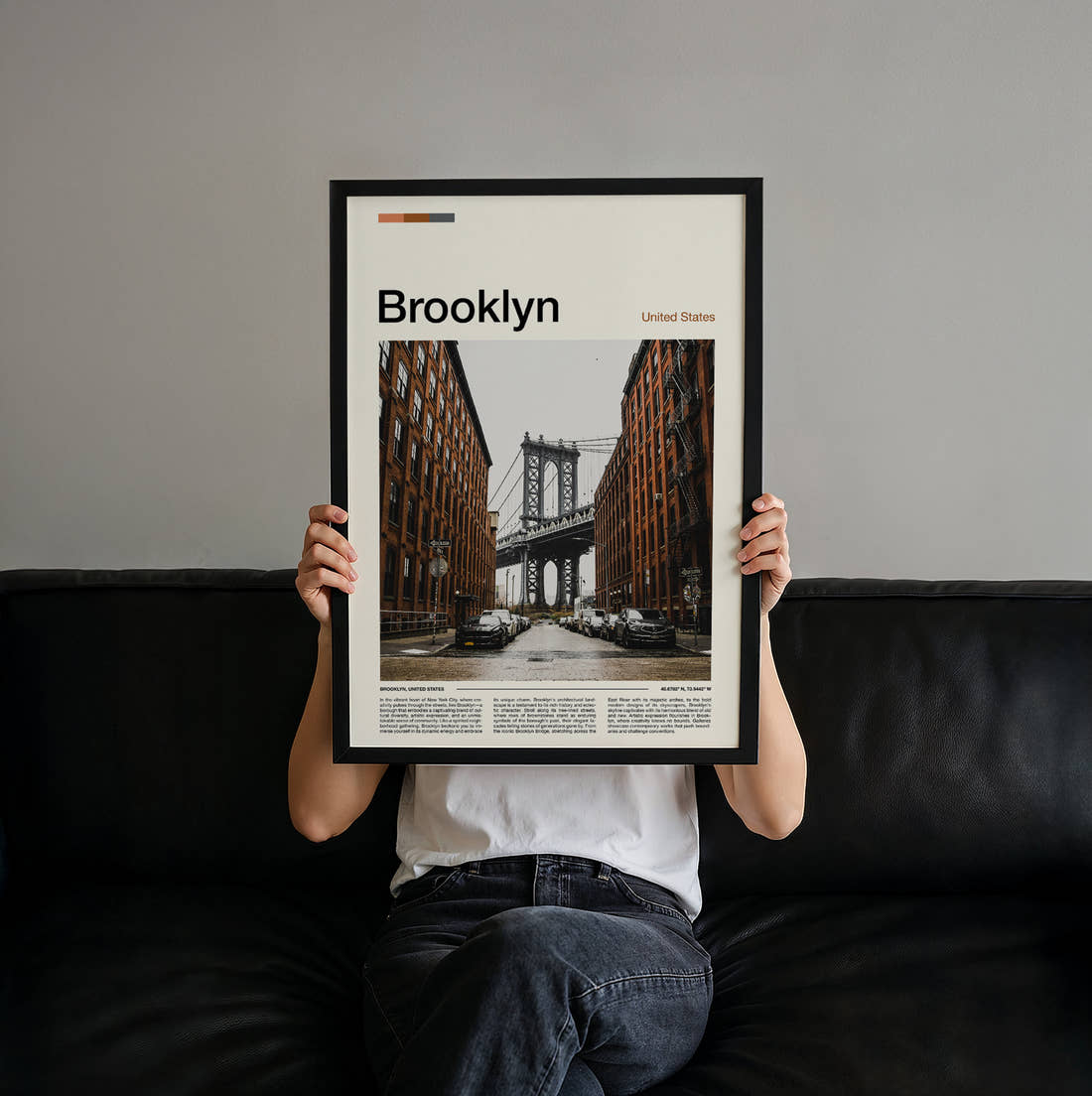 Brooklyn Manhattan Bridge From Dumbo Travel Print held up by hand to show the size of the print