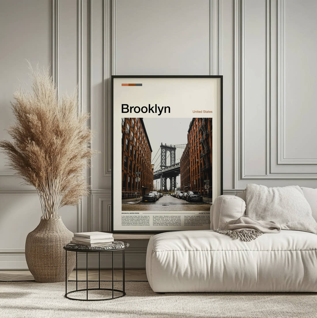 Brooklyn Manhattan Bridge From Dumbo Travel Print framed on the wall of a calm, neutral bedroom