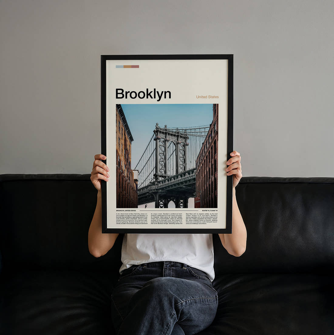 Brooklyn Manhattan Bridge Tower Close Up Travel Print held up by hand to show the size of the print