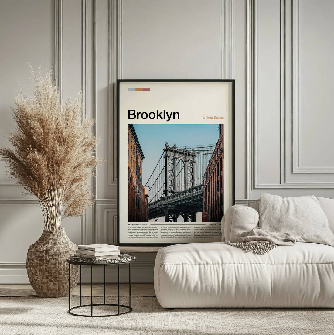 Brooklyn Manhattan Bridge Tower Close Up Travel Print framed on the wall of a calm, neutral bedroom