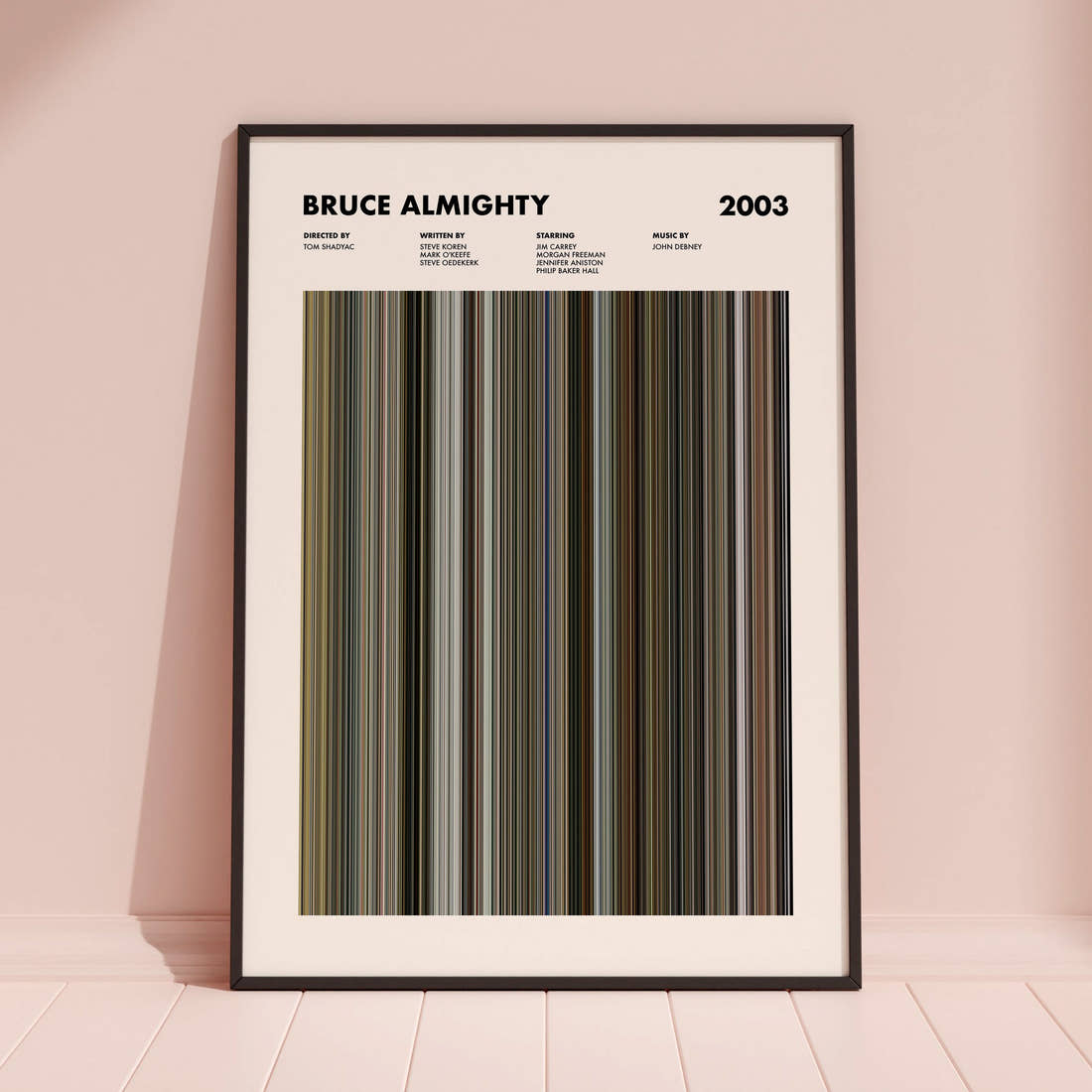 Bruce Almighty Movie Barcode Poster framed and leaning against a coloured wall