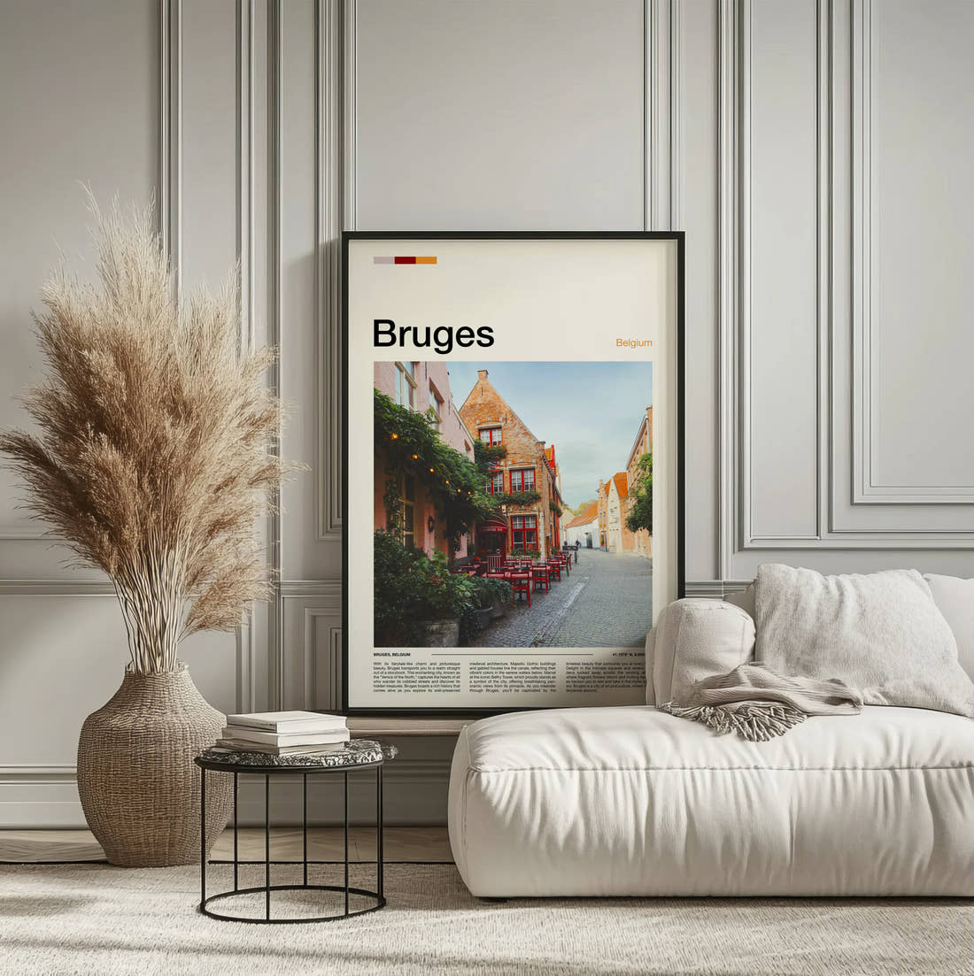 Bruges Cafe With Red Chairs Travel Print framed on the wall of a calm, neutral bedroom