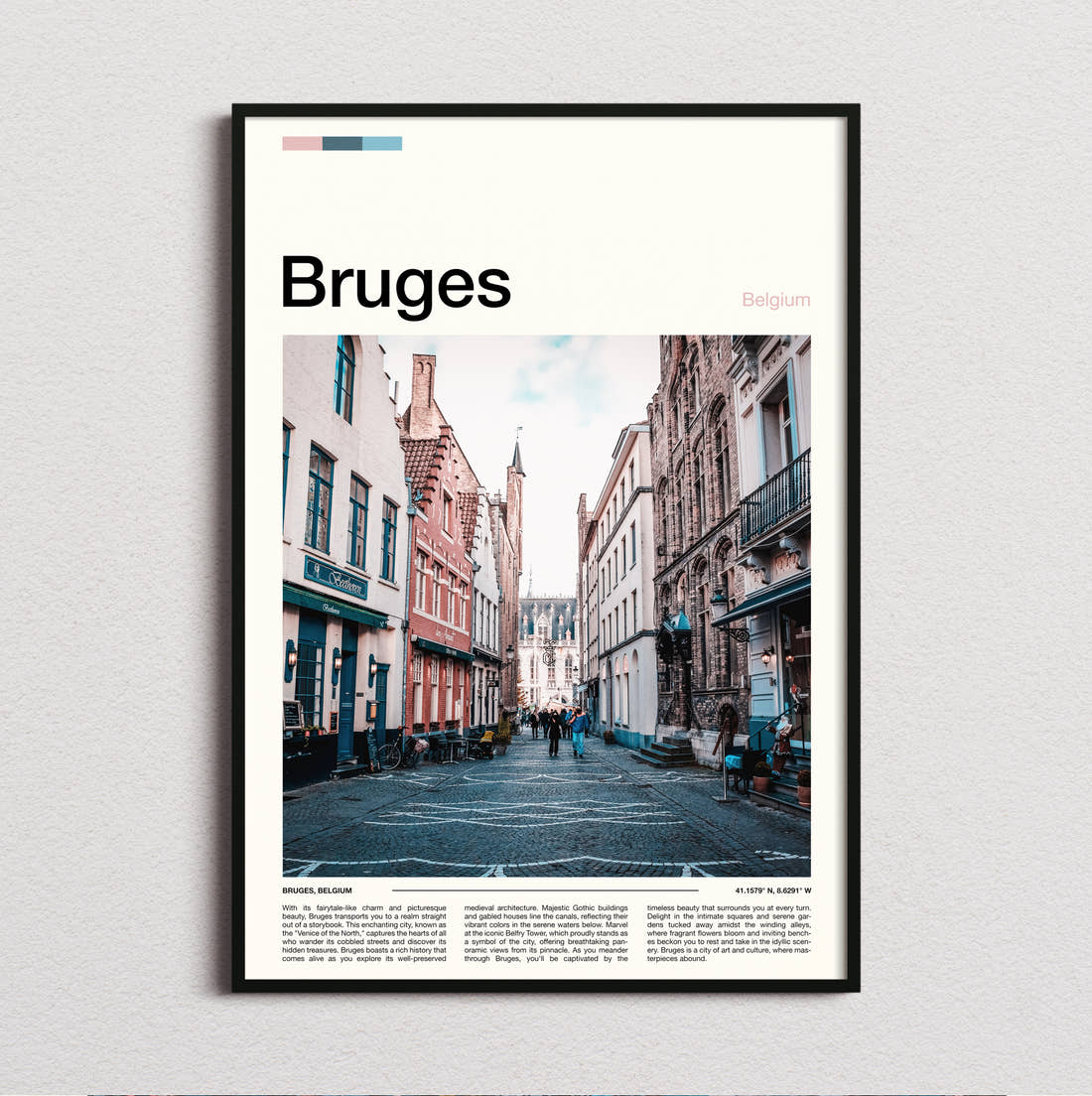 Bruges Cobbled Street Travel Print framed and photographed straight on