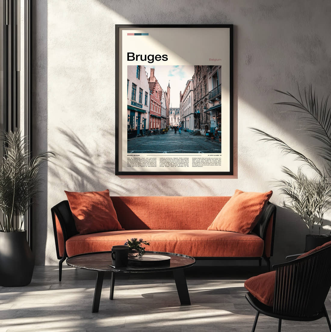 Bruges Cobbled Street Travel Print framed on the wall of a modern living room