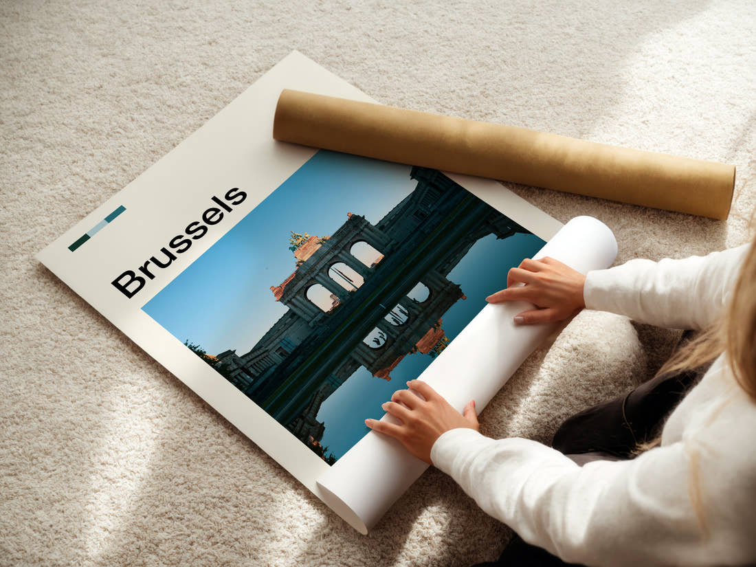 Brussels Triumphal Arch Reflection Travel Print being unrolled from its postal tube
