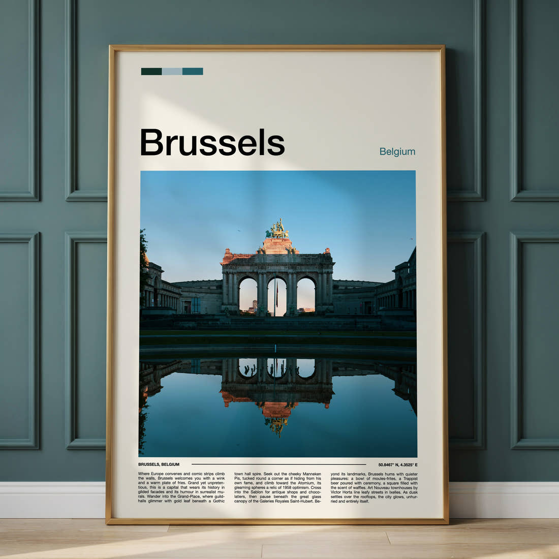 Brussels Triumphal Arch Reflection Travel Print framed on the wall of a calm, neutral bedroom