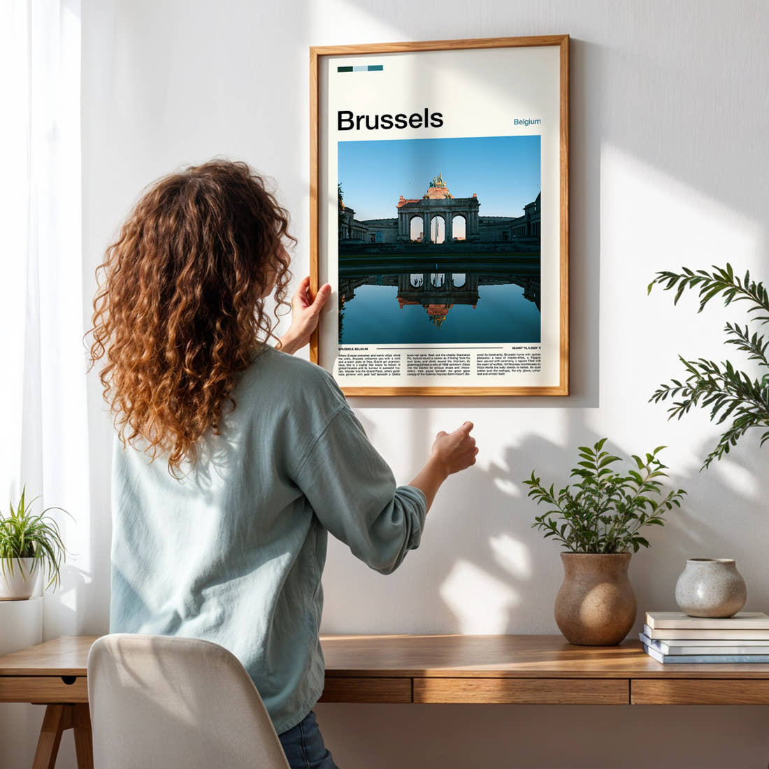 Brussels Triumphal Arch Reflection Travel Print framed on a pale wall beside houseplants