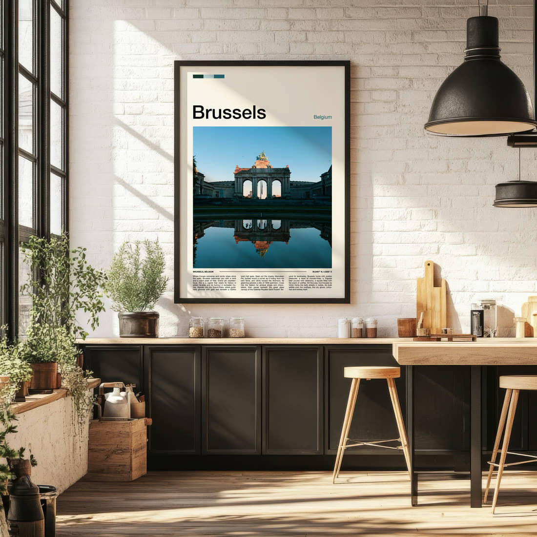 Brussels Triumphal Arch Reflection Travel Print framed on the wall of a bright kitchen and dining space