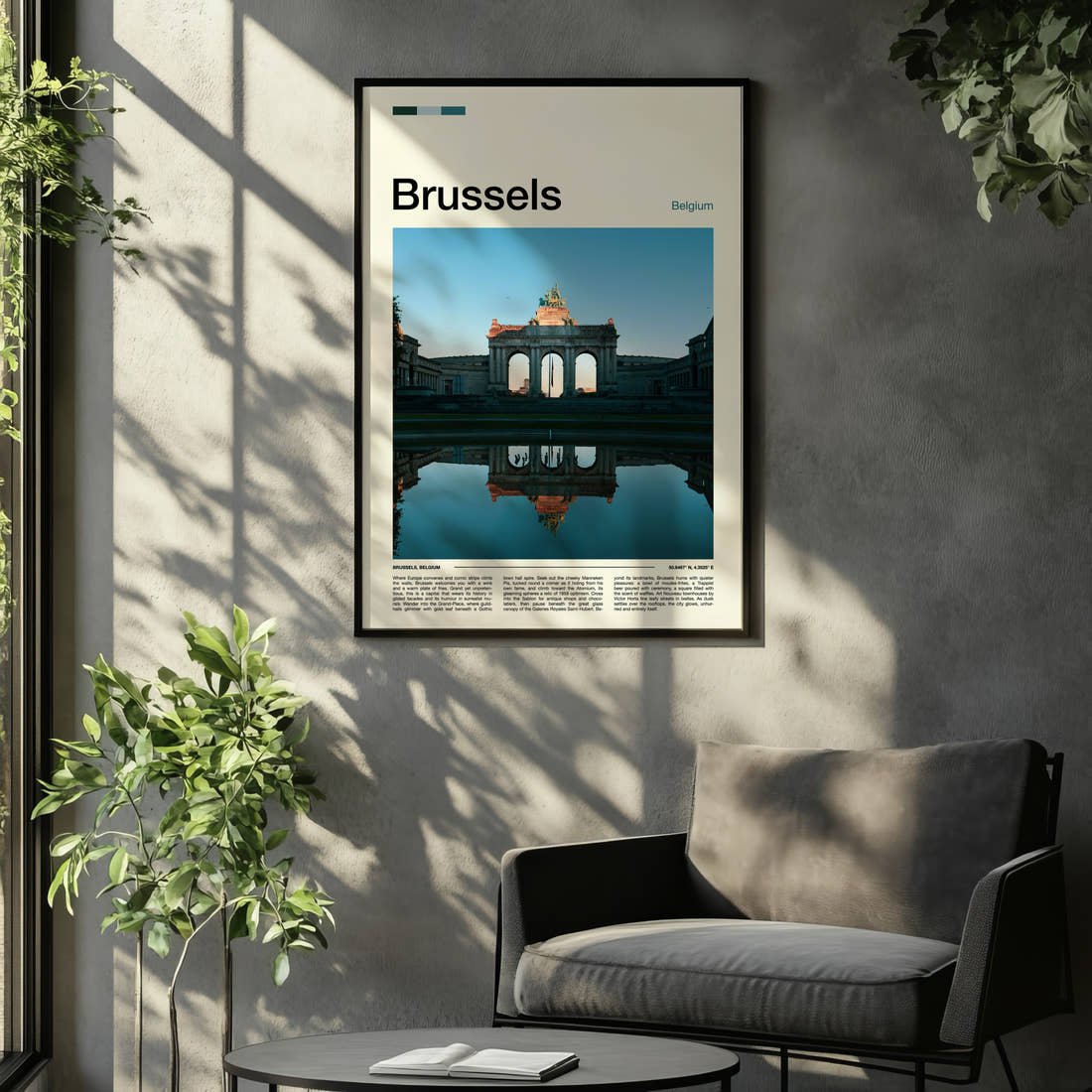 Brussels Triumphal Arch Reflection Travel Print framed on the wall of a relaxed living room