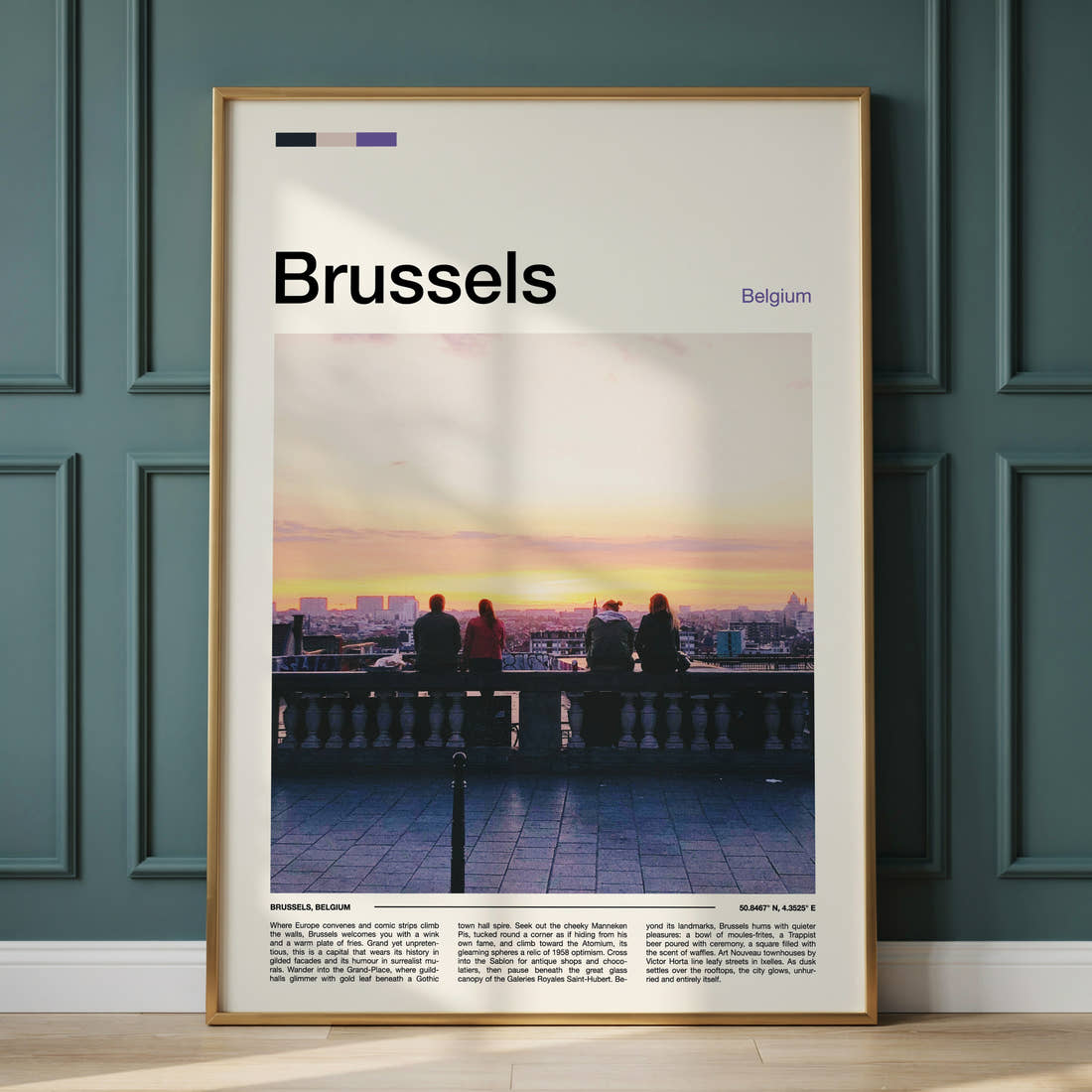 Brussels Sunset Rooftop View Travel Print framed on the wall of a calm, neutral bedroom