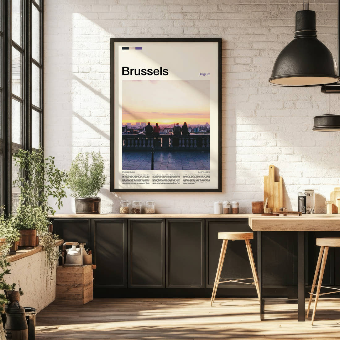 Brussels Sunset Rooftop View Travel Print framed on the wall of a bright kitchen and dining space